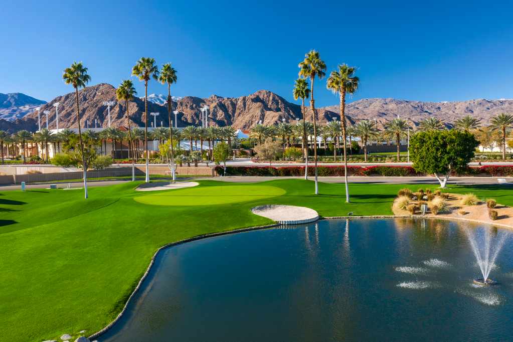 Fountain in pond on golf course