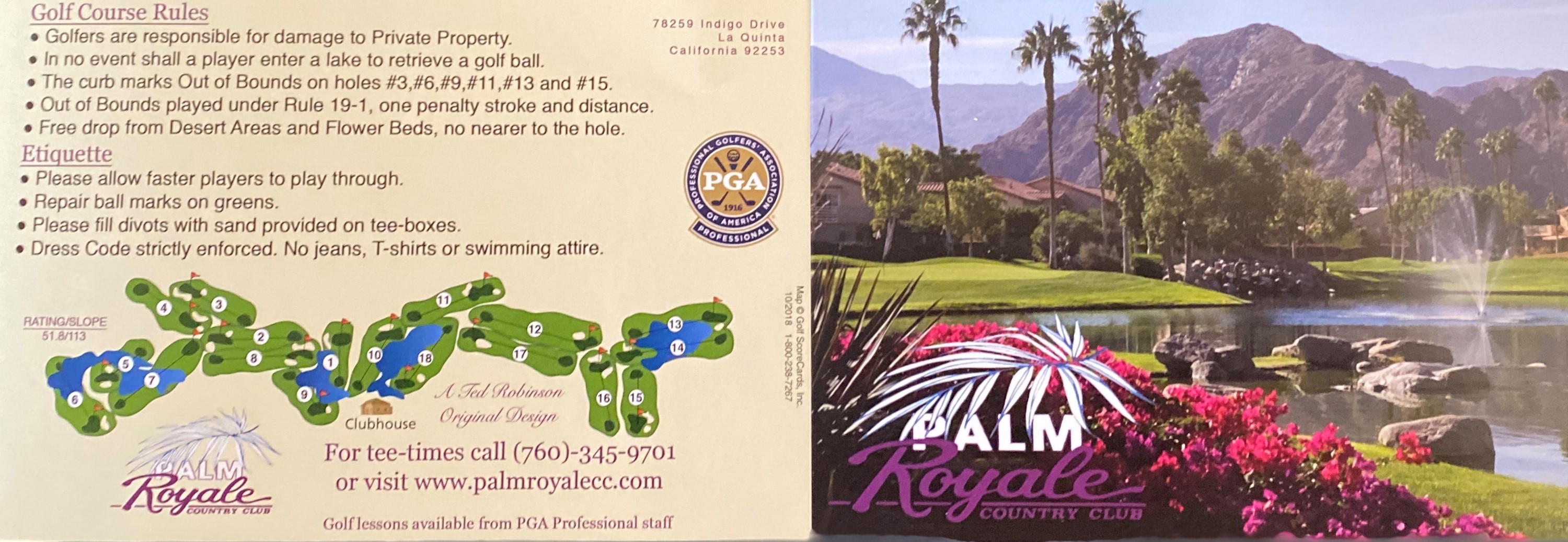 Palm Royale scorecard back with course rules and hole map